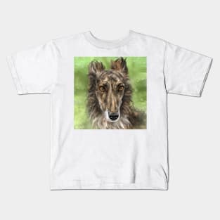 Painting of a Gorgeous Silken Windhound Brindle Coat Brown Red White on Green Background Kids T-Shirt